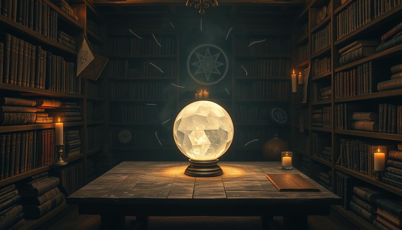 A dimly lit study, illuminated by the soft glow of candlelight, where ancient tomes and esoteric symbols adorn the shelves. In the center, a weathered wooden table holds a glowing crystal ball, its facets refracting the subtle light. Wisps of mystical energy seem to swirl around the chamber, hinting at the hidden knowledge within. The atmosphere is one of contemplation and introspection, inviting the viewer to delve deeper into the hermetic wisdom that permeates the space.